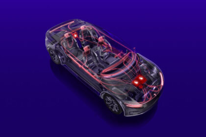 Snapdragon Digital Chassis concept illustration of an electric vehicle with glowing internal components