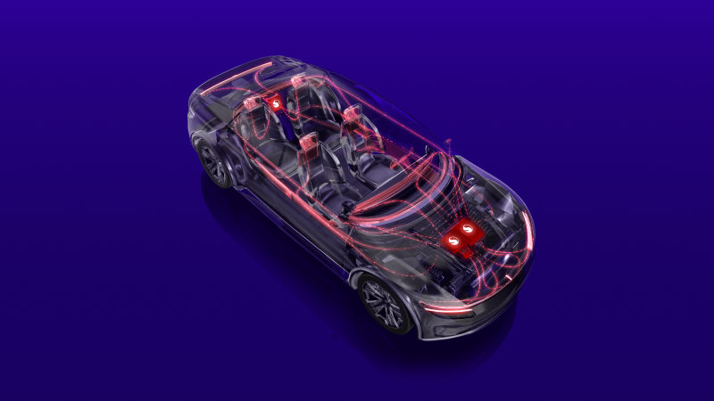 Snapdragon Digital Chassis concept illustration of an electric vehicle with glowing internal components