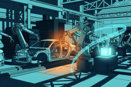 Cel-shaded illustration of stalled robotic assembly arms above a car body with a cyan data loop feeding a glowing storage cube