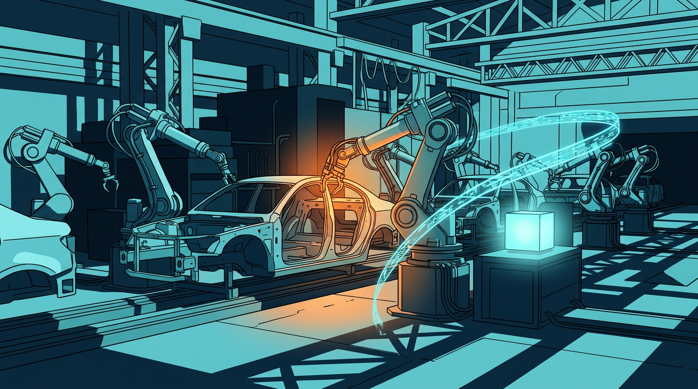 Cel-shaded illustration of stalled robotic assembly arms above a car body with a cyan data loop feeding a glowing storage cube
