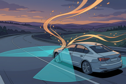 Cel-shaded illustration of a sedan on a dusk highway projecting cyan sensor cones while orange data ribbons rise skyward