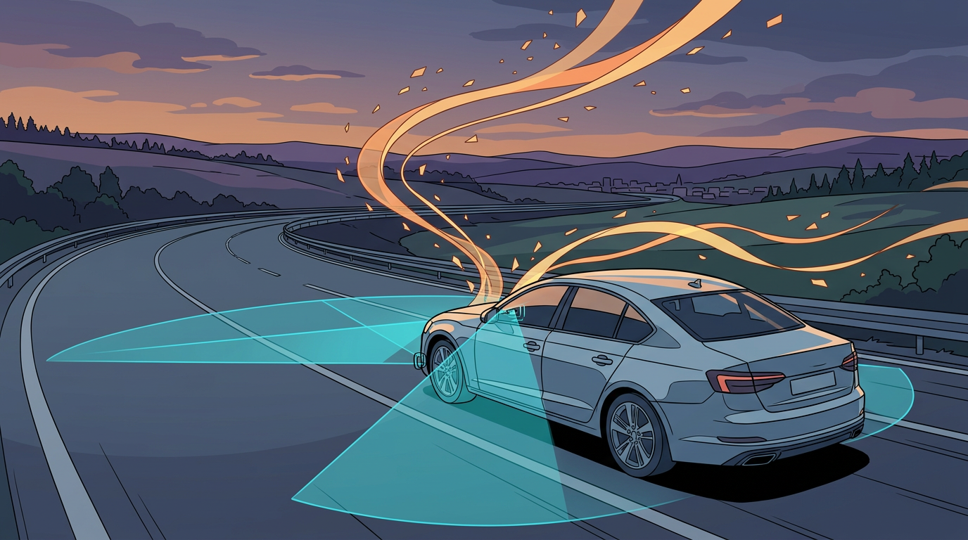 Cel-shaded illustration of a sedan on a dusk highway projecting cyan sensor cones while orange data ribbons rise skyward