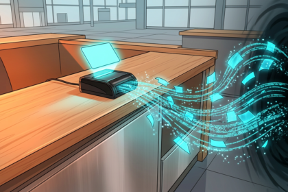 Anime illustration of a rental counter ID scanner leaking license data into a dark void