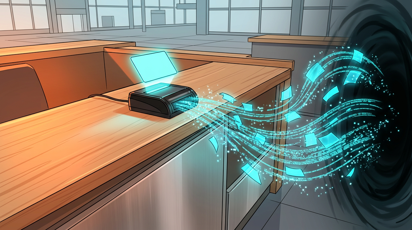 Anime illustration of a rental counter ID scanner leaking license data into a dark void