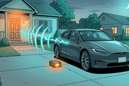 Anime illustration of a relay attack bridging a key fob signal from a house to a car in a driveway