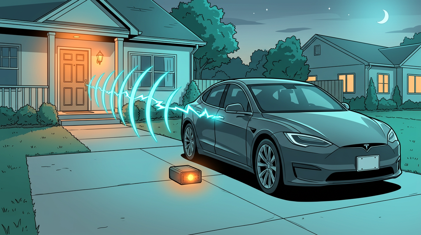 Anime illustration of a relay attack bridging a key fob signal from a house to a car in a driveway