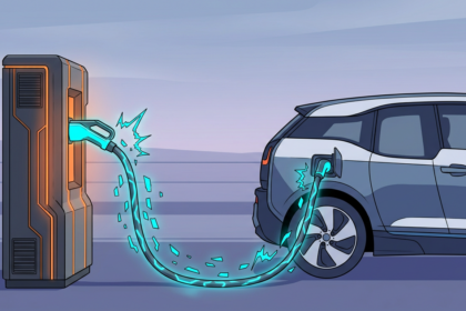 Anime illustration of corrupted data racing up an EV charging cable toward the car