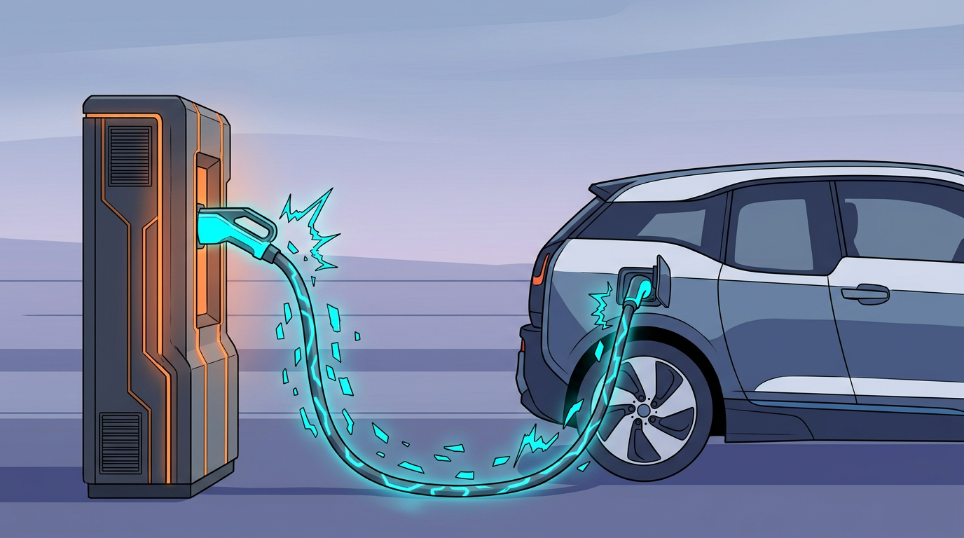 Anime illustration of corrupted data racing up an EV charging cable toward the car