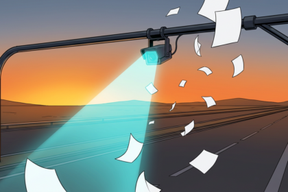Anime illustration of a highway plate reader camera sweeping a scan beam over blank falling documents