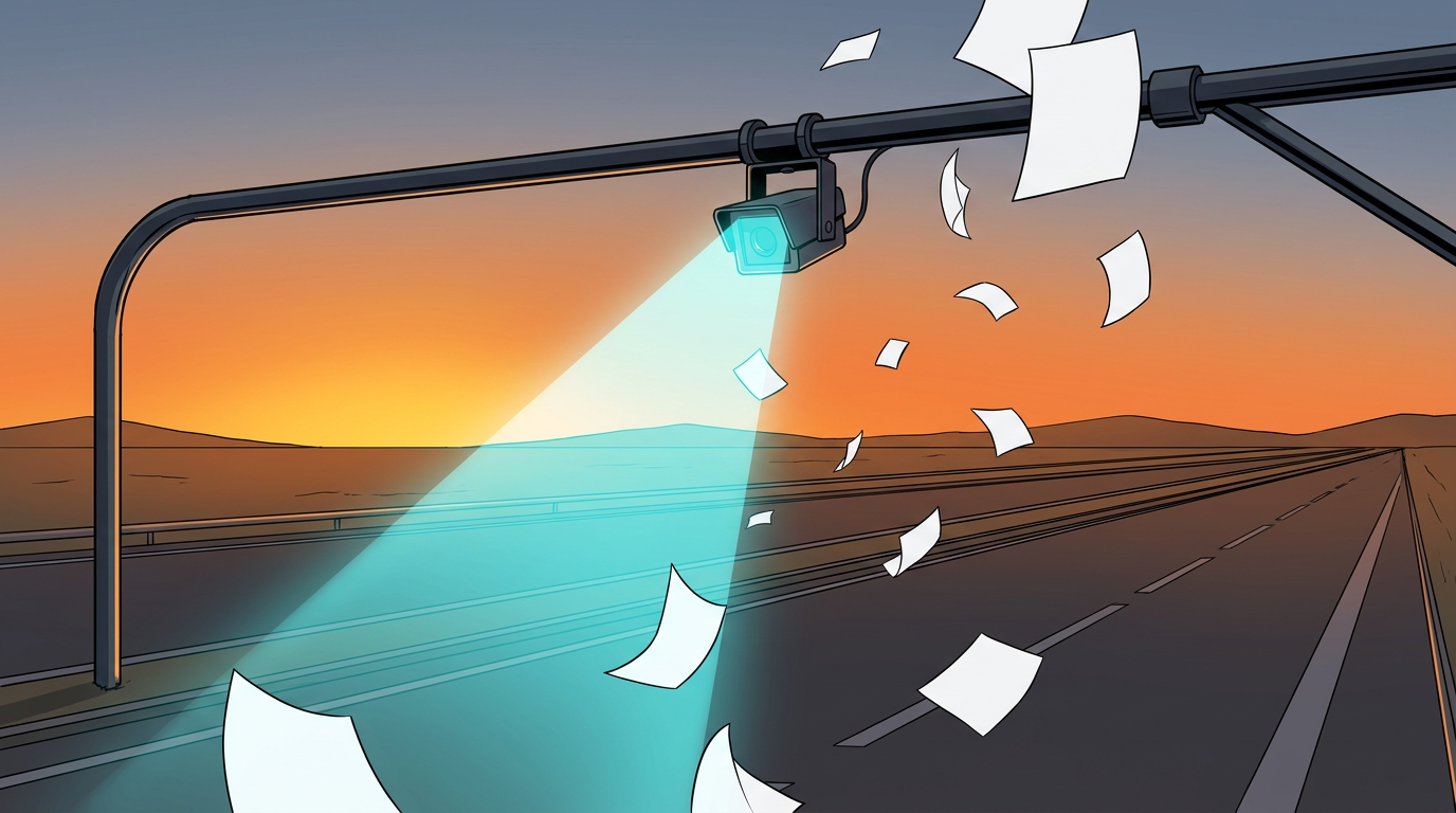 Anime illustration of a highway plate reader camera sweeping a scan beam over blank falling documents