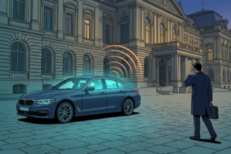 A connected sedan on a government plaza at dusk emitting sound-wave arcs toward a departing official