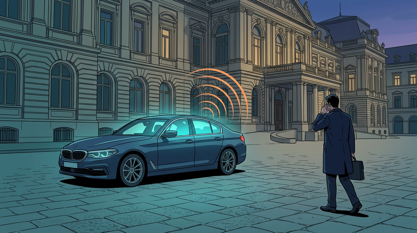 A connected sedan on a government plaza at dusk emitting sound-wave arcs toward a departing official