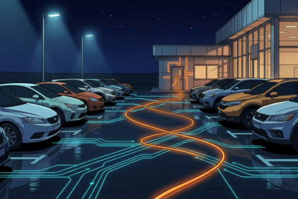 A dealership forecourt at night with a glowing cable running from the back office between parked cars