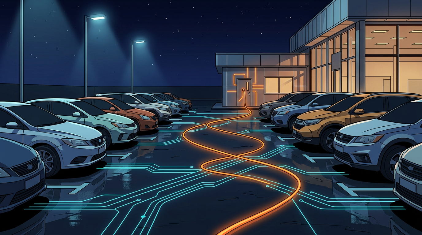 A dealership forecourt at night with a glowing cable running from the back office between parked cars