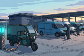 An electric cargo three-wheeler and delivery vans charging at a depot as one post glows with arc motifs