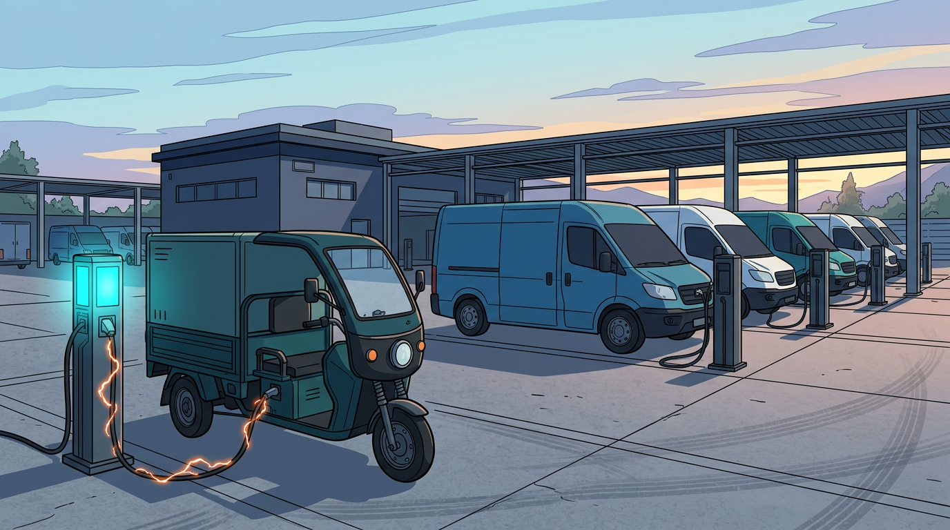 An electric cargo three-wheeler and delivery vans charging at a depot as one post glows with arc motifs
