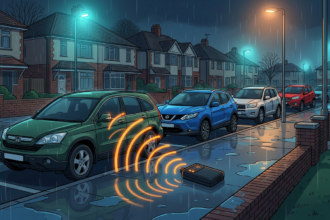 A relay device on a wet suburban pavement beaming orange signal arcs toward a parked car at night