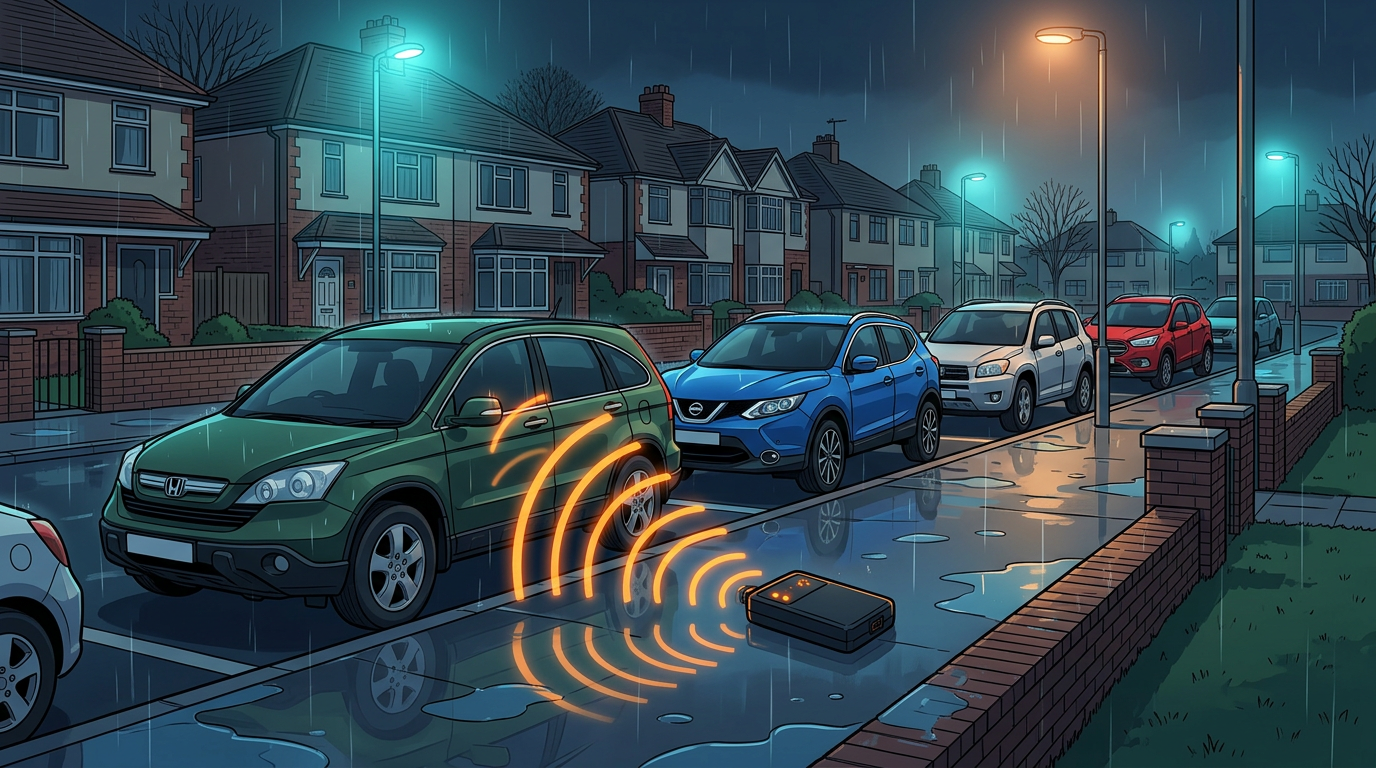 A relay device on a wet suburban pavement beaming orange signal arcs toward a parked car at night