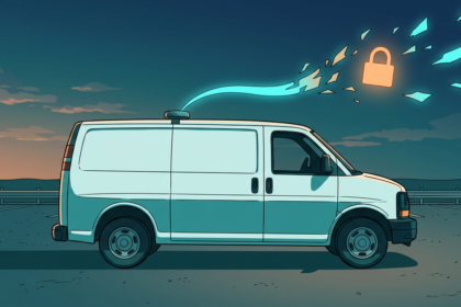 Anime illustration of a fleet van whose rooftop telematics signal breaks apart