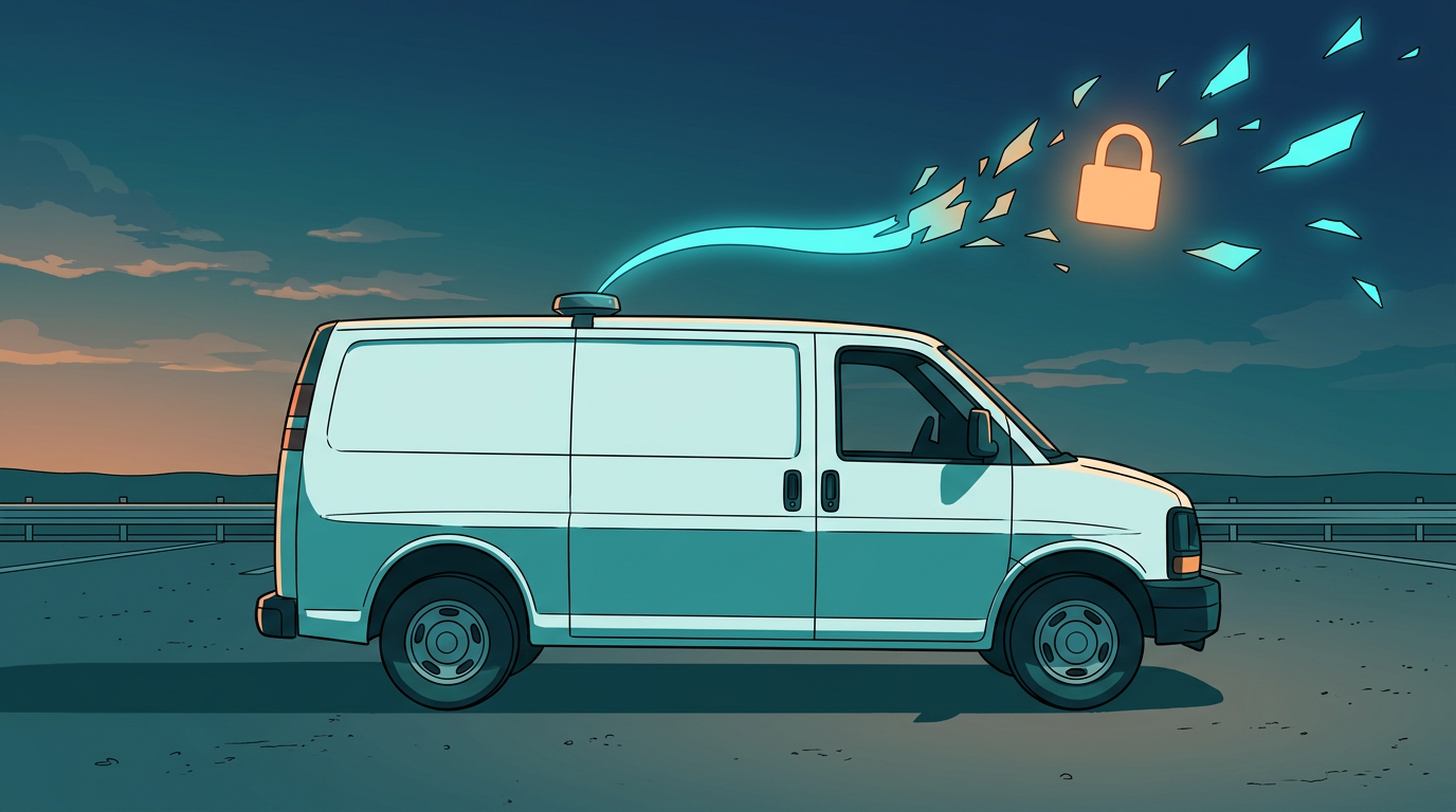 Anime illustration of a fleet van whose rooftop telematics signal breaks apart
