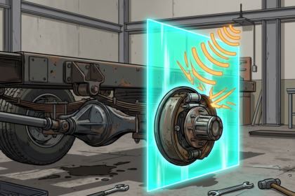 cel-shaded illustration of a heavy truck brake drum with a glowing cyan barrier blocking orange wireless signal waves