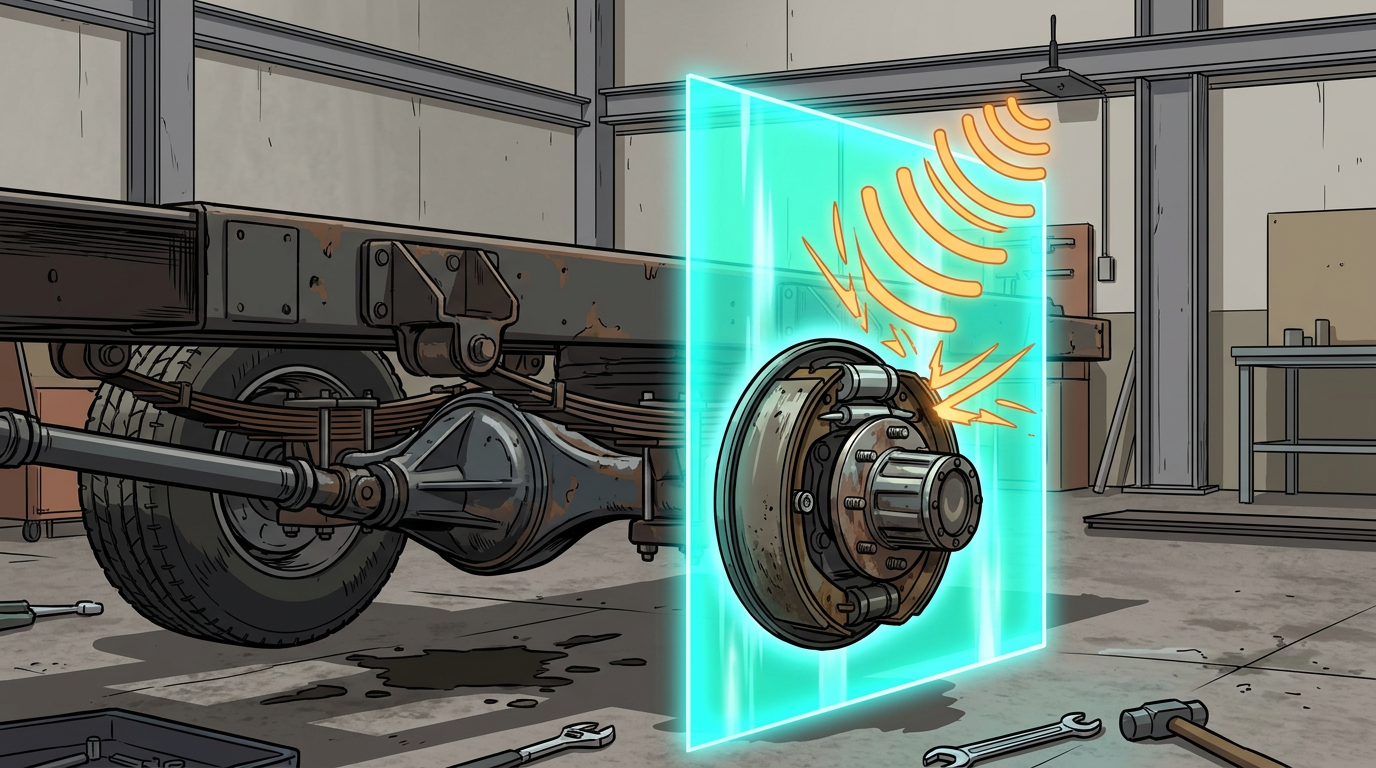 cel-shaded illustration of a heavy truck brake drum with a glowing cyan barrier blocking orange wireless signal waves