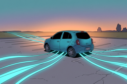 cel-shaded illustration of a small hatchback in an empty car-share bay with cyan data ribbons streaming away across the lot