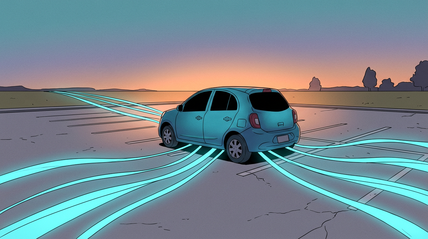 cel-shaded illustration of a small hatchback in an empty car-share bay with cyan data ribbons streaming away across the lot