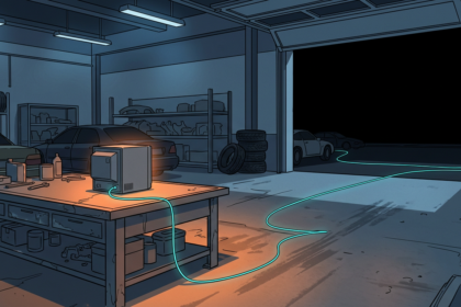 cel-shaded illustration of an IT appliance on a workbench in a dark dealership service bay, a cyan cable running out through the open bay door