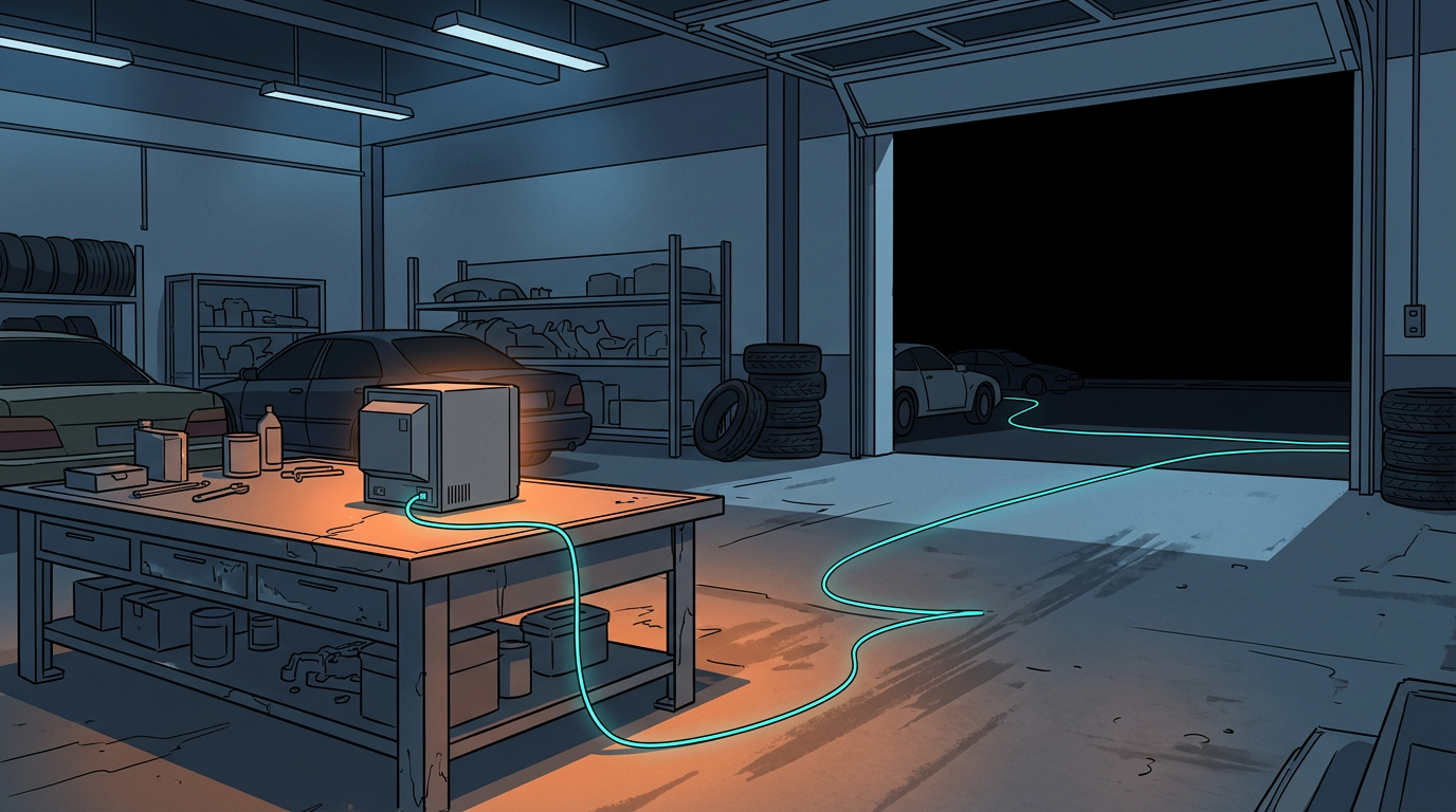 cel-shaded illustration of an IT appliance on a workbench in a dark dealership service bay, a cyan cable running out through the open bay door