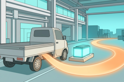 Cel-shaded illustration of a pickup truck beside a glowing battery module in a vehicle assembly plant