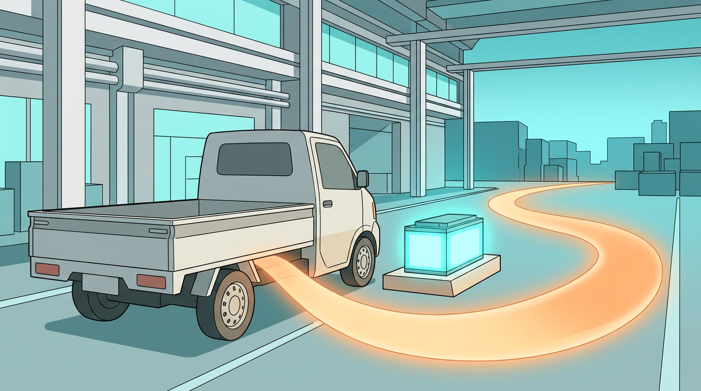 Cel-shaded illustration of a pickup truck beside a glowing battery module in a vehicle assembly plant